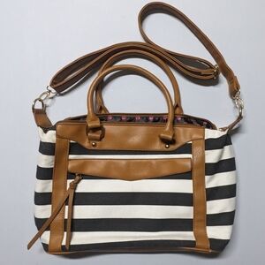 Black and White Striped Satchel with Leather Accents